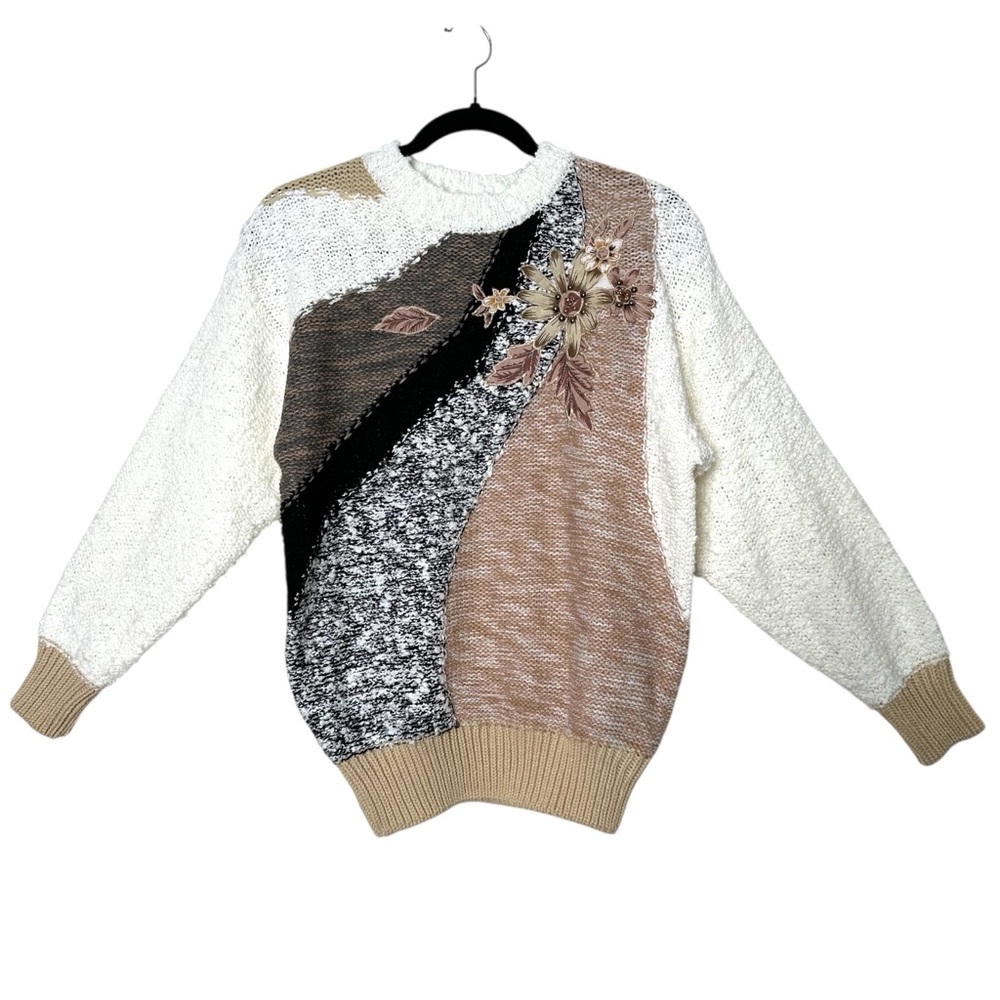 Boho Cottagecore Floral Embroidered Patchwork Beaded Popcorn Cozycore Sweater